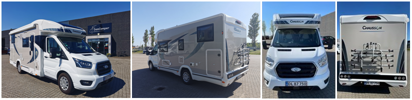 Chausson 627GA er bygget på Ford-Chassis, har 170 Hk og er med 6-trins automatgear. Der er markise og cykelholder til 4 cykler og en rummelig garage. 5 selepladser, 4+1 sovepladser, hvor et mindre barn sover i midten i dobbeltsengen.